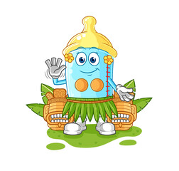 baby bottle hawaiian waving character. cartoon mascot vector