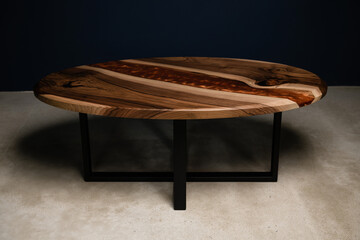 handmade designer table made of natural wood and epoxy resin