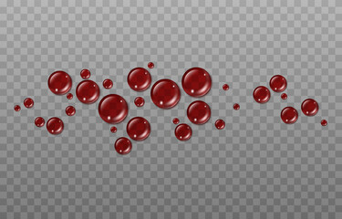 Vector drops of red blood drops. Drops of blood PNG, red paint or blood on the surface. Realistic drops on an isolated transparent background.