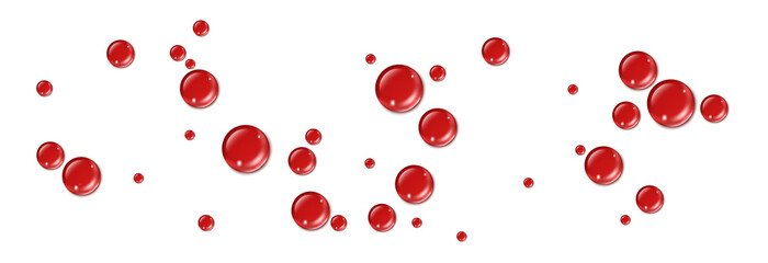 Vector drops of red blood drops. Drops of blood, red paint or blood on the surface. Realistic drops on an isolated transparent background.