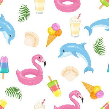 Summer sea beach seamless pattern. Vector background with inflatable flamingo float, dolphin, ice cream, shells and milkshakes. Cartoon illustration.