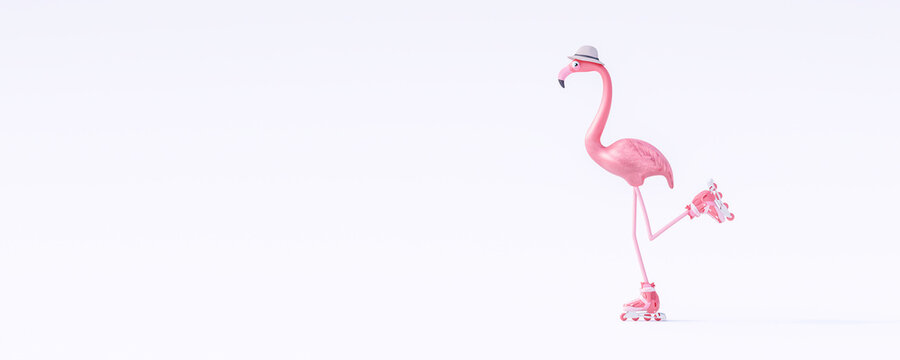 Pink flamingo rides roller skates isolated on white background. Summer travel concept 3D Render 3D Illustration