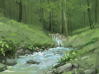 Forest landscape with a stream, digital painting