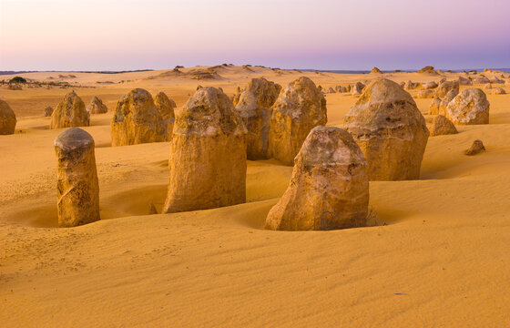 Desert landscape with weathered limestone pillars just before sunrise in the Pinnacles Desert of Western Australia
