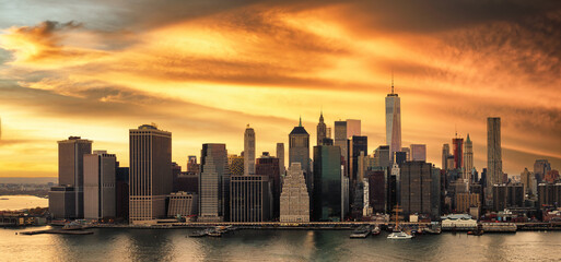 Panorama of downtown Manhattan skyline at sunset as seen from Brooklyn Heights
