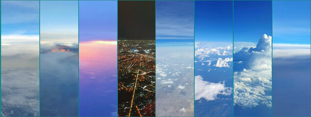 collage of different parts of the sky captured through aircraft window, aerial view, flying on aircraft, aviation