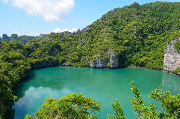 view on the emerald lake located near green hills, Thailand nature, Blue lagoon touristic place