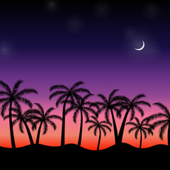 Tropical night forest hand drawn style for fashion fabric , wallpaper, and all prints. Palms, moon and stars.