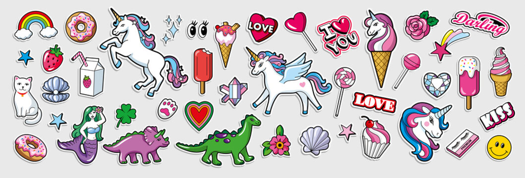 Set of patches for children's clothing isolated on white background. Fun pictures for little girls. Badges in retro style. Vector emblems: unicorns, cupcake, ice cream, sweets, dino, mermaid, donuts.
