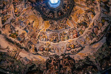 Details of the Inner Paintings of the dome of the Duomo Cathedral in the medieval famous city of Florence, Italy