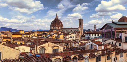 Rooftop view of the Duomo Cathedral in the medieval famous city of Florence, Italy - obrazy, fototapety, plakaty