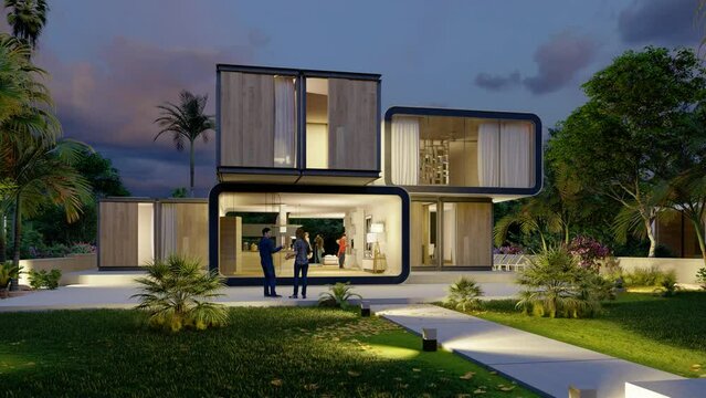 Luxury modular home with pool and garden at dusk