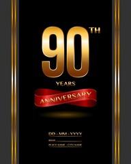 90 years anniversary celebration logotype with elegant gold color and ribbon for booklet, leaflet, magazine, brochure poster, banner, web, invitation or greeting card. Vector illustrations.