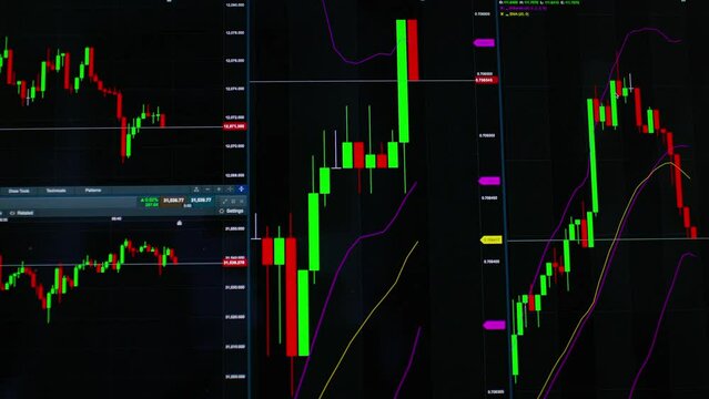Computer monitor showing red and green bars of multiple trading commodities 