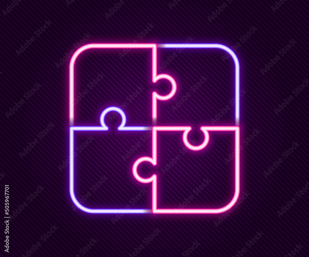 Poster glowing neon line puzzle pieces toy icon isolated on black background. colorful outline concept. vec