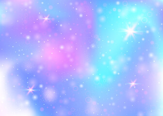 Naklejka na ściany i meble Magic background with rainbow mesh. Liquid universe banner in princess colors. Fantasy gradient backdrop with hologram. Holographic magic background with fairy sparkles, stars and blurs.