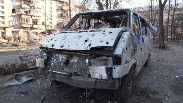 Russian missile destroyed automobile and damaged houses in Kyiv city, Ukraine