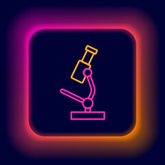 Glowing neon line Microscope icon isolated on black background. Chemistry, pharmaceutical instrument, microbiology magnifying tool. Colorful outline concept. Vector