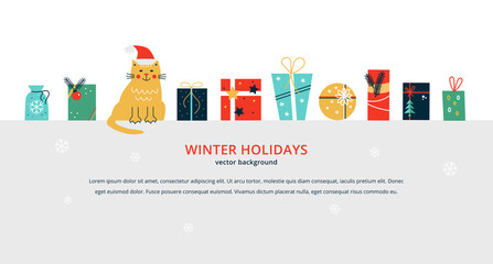 Vector illustration with winter holidays background. Concept with colorful Christmas gifts and cute cat in a hat.