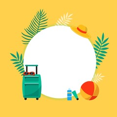 Vector summer vacation frame background with cute suitcase and beach accessories. Bright colors design.