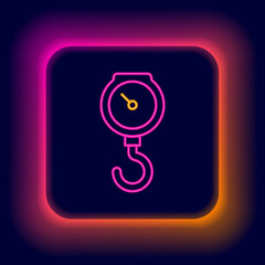 Glowing neon line Hand scale spring mechanical icon isolated on black background. Colorful outline concept. Vector