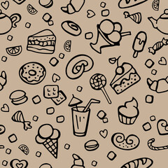 Seamless pattern 02 with hand drawn desserts and pastries and sweets like candies and cupcakes and cookies