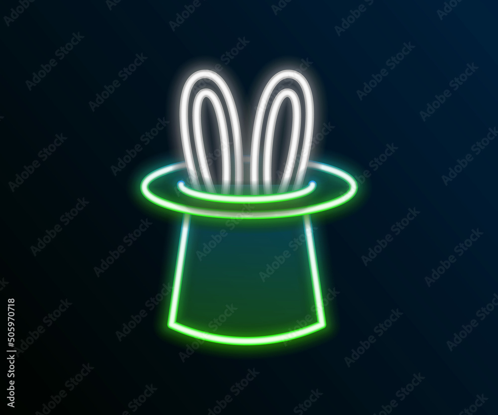 Poster glowing neon line magician hat and rabbit ears icon isolated on black background. magic trick. myste