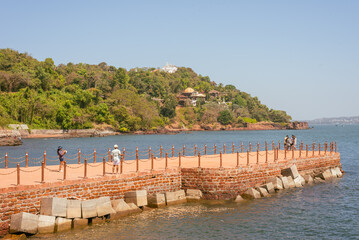 Renovated Aguada Central Jail and Fort Exteriors and facade and landscape with the blue ocean in background