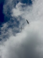 airplane in the sky flying into clouds