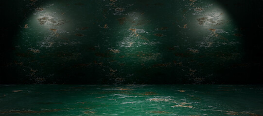 stage with spotlight, green marble textured background hollow room