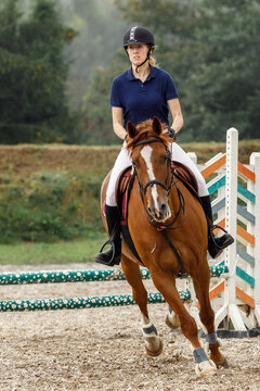 Young horse rider girl on show jumping course in equestrian sports competition. Vertical photo