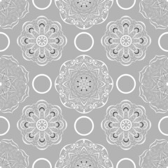 Seamless pattern, vector. Mandala pattern, ethnic, swirl, grey background.