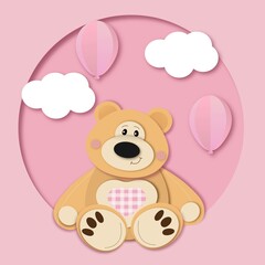 Plakat Teddy bear with heart. Illustration. Vector. Pink. Paper cut