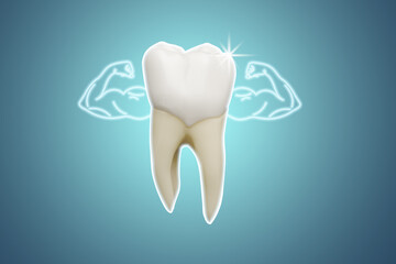 Image of a strong healthy tooth with muscles, biceps. Dental care, concept. Motivational banner - dental care, place for a message, text. a design element highlighted on a blue background.