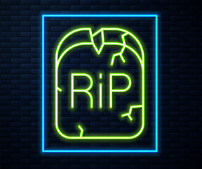 Glowing neon line Tombstone with RIP written on it icon isolated on brick wall background. Grave icon. Happy Halloween party. Vector