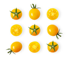 Square pattern of yellow cherry tomatoes and purple basil leaves on light grey background with copy space. 