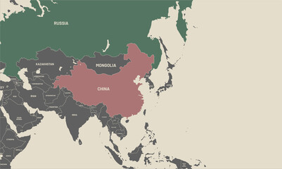 Russia and Chinese map on world map. The borders of Russia and Chinese are colored. It looks different from other countries. Map of Asia, Empty space for text on the right