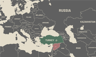 Turkey and Syria map on world map. The borders of Turkey and Syria are colored. It looks different from other countries. War and Immigration problem