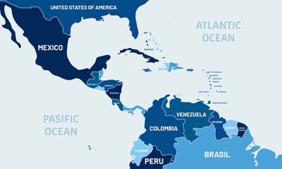 Zoomed central america map inside world map. The country borders are separated by shades of blue. Vector work