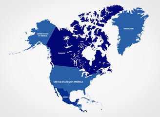 Vector map of North America. Country Borders are colored differently in blue tones.