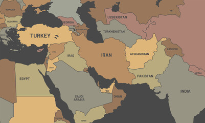Zoomed Middle East Map. Map study to study War and Migration. Country Borders separated in pastel color tones