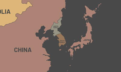 Zoomed China, Japan, South Korea and North Korea Countries Maps. Representation of limits on the possibility of war. Empty space for text on the right