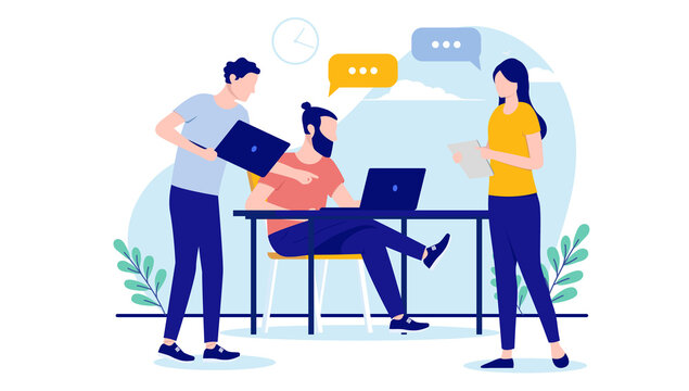 Office people working together - Team of three people discussing and talking while working on computers. Flat design vector illustration with white background
