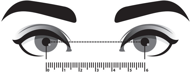Interpupillary distance measurement template. Stylized close up of the eyes to determine the distance between the eyes. Help for the selection of the size of glasses. Vector black and white monochrome