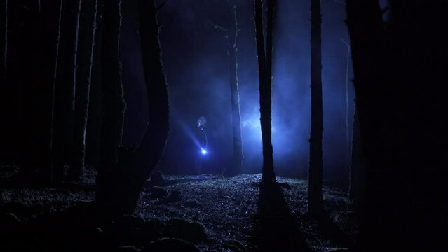 Man with lantern in night foggy forest.
Man looking for something with lantern in creepy forest. He looks around.
