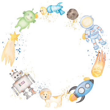 Space Illustration, Cute Kids Wreath with robor and alien Clipart. Watercolor astronaut illustration, Galaxy print, baby shower invitation