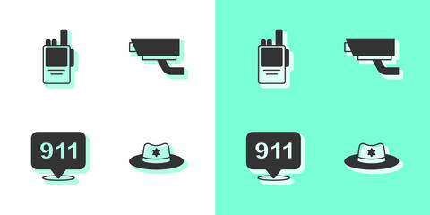 Set Sheriff hat with badge, Walkie talkie, Telephone call 911 and Security camera icon. Vector
