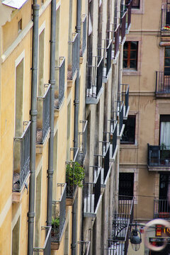 Aerial view of Barcelona, skyline city panorama and Aviny&oacute; Street on sunny afternoon. From the terrace of my building Spain.