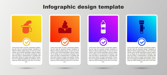 Set Cup of tea, Tree, Bottle water and Flashlight. Business infographic template. Vector