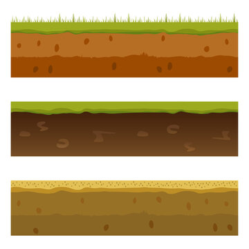 Soil, ground, and underground layers, cartoon seamless game levels. Vector cross-section view of natural earth texture with mud, pebbles